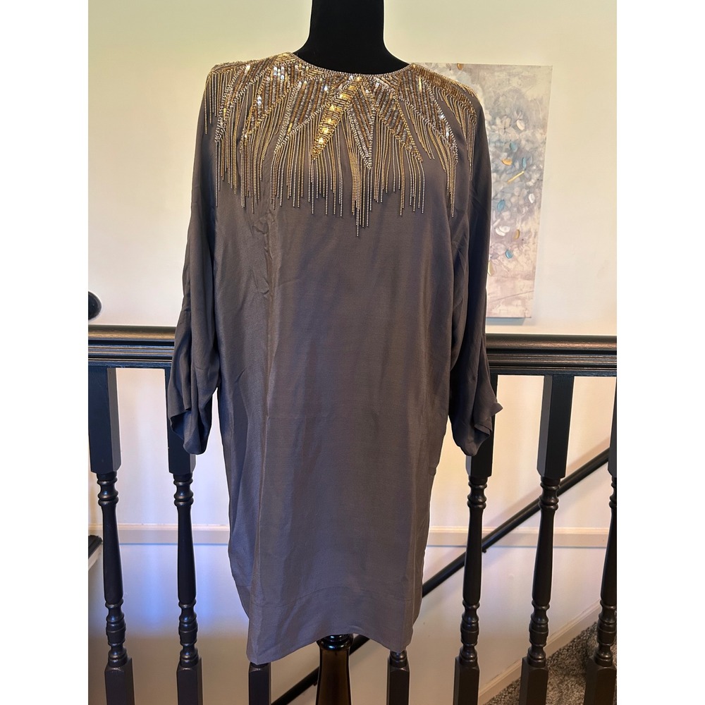 French Connection Iron Man Silk Beaded Fringe Shift Dress Grey 71004 Sz 8 NEW